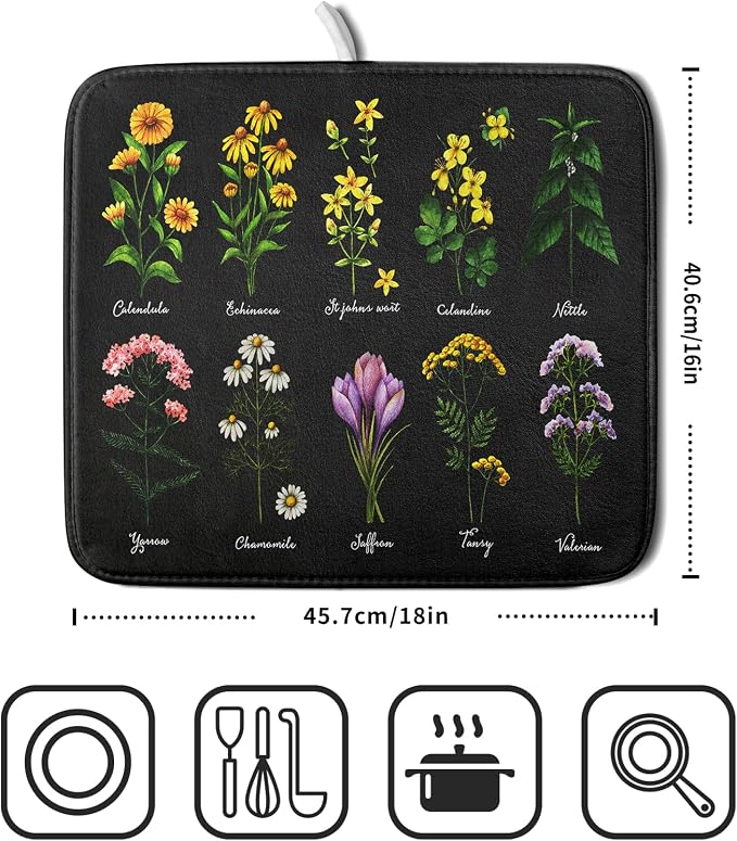 Black Flower Herbs Dish Drying Mat 16x18 Inch Botanical Floral Microfiber - Image 2