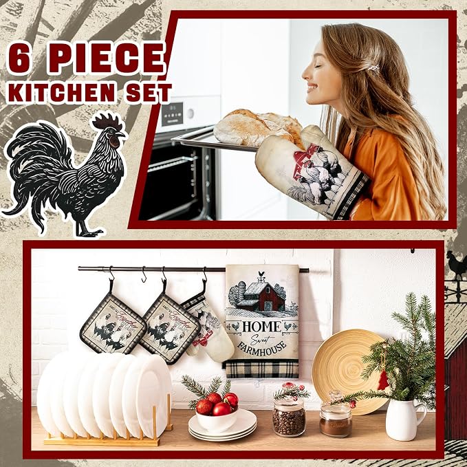 Leinuosen 6 Barn Farm Farmhouse Kitchen Decor Dish Towels Oven Mitts and Pot - Image 4