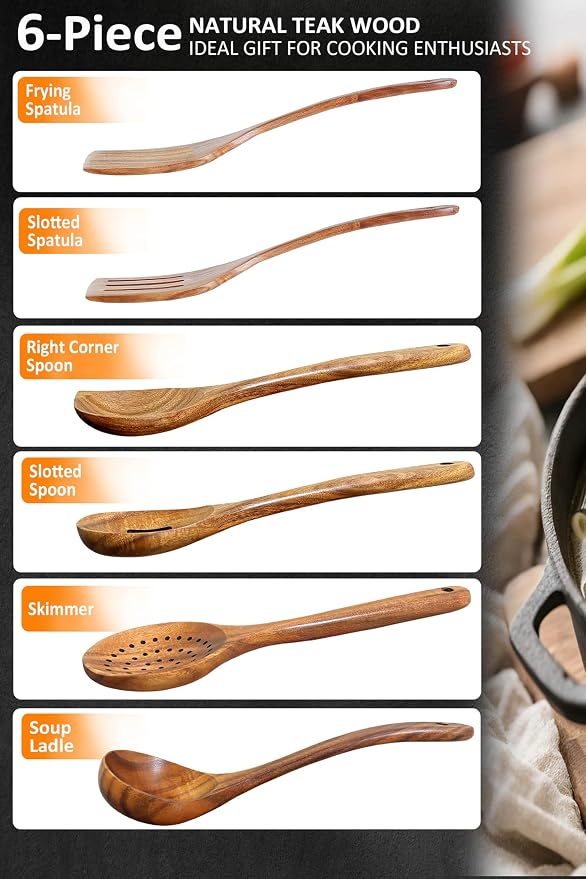 Wooden Spoons for Cooking, Natural Premium 6 Piece Teak Wooden Cooking Utensils - Image 7