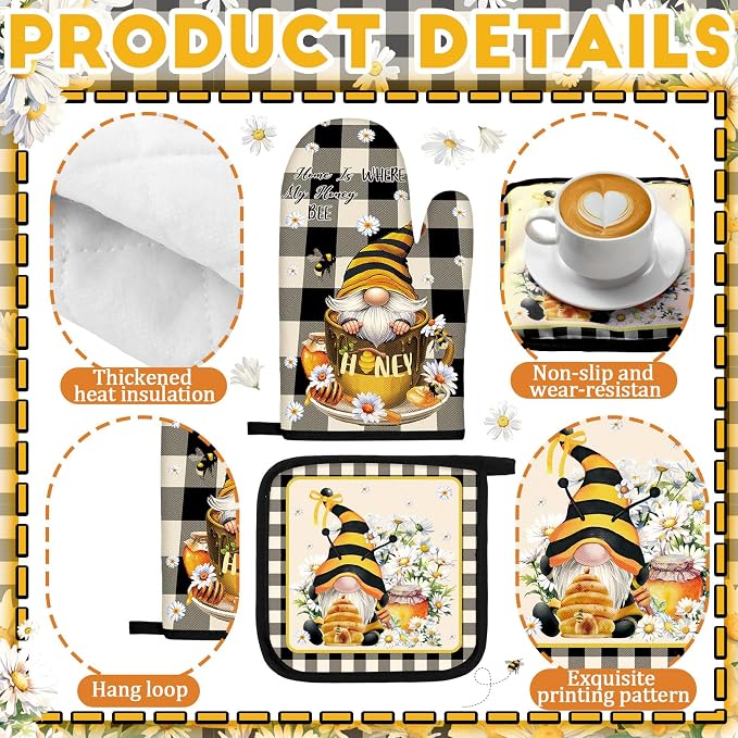Fourluoo 10 Pcs Bee Kitchen Decor Set 4 Kitchen Towels 2 Pot Holders 2 Oven - Image 5