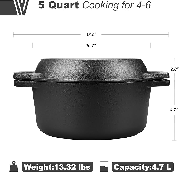 VORRINGARD Pre-seasoned Cast Iron Double Dutch Oven Pot - Image 3