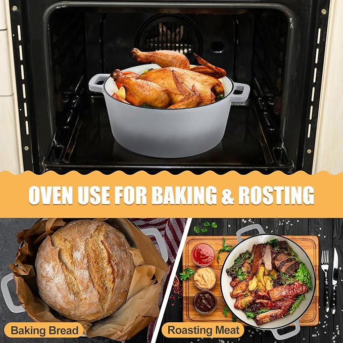 P&P CHEF 5Qt Dutch Oven Pot for Bread Baking, 2 In 1 Round Cast Iron Dutch Oven - Image 4