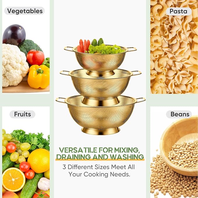 Bokon 3 Pcs Stainless Steel Colander Set Colander Bowl and Sieves 1/3/5 Quart - Image 4