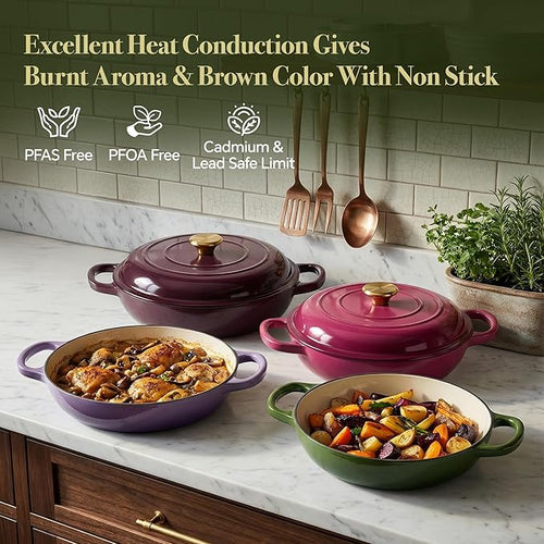 3 Quart Enameled Cast Iron Braiser, Non Stick Enameled Cast Iron Skillet - Image 2