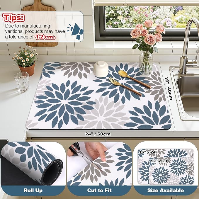 Findosom Floral Dish Drying Mat, Cuttable Drying Mat - Image 2