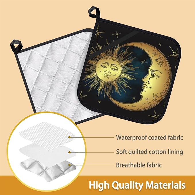 Celestial Moon Golden Sun Boho Chic Stars Pot Holder Set of 2, Heat Resistant - Image 3