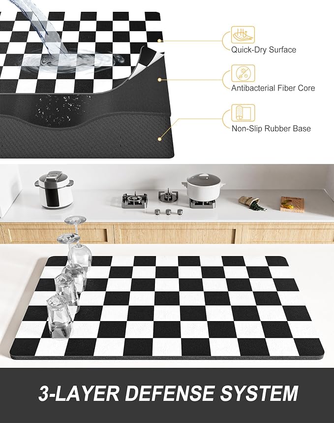Rnivvi Dish Drying Mat for Kitchen Counter, XL 15 x 24" Cute Checkered - Image 4