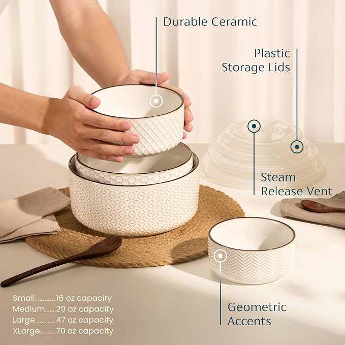 KooK Serving Bowls, with Lids, Ceramic Nesting Bowls, Microwave and Dishwasher - Image 3