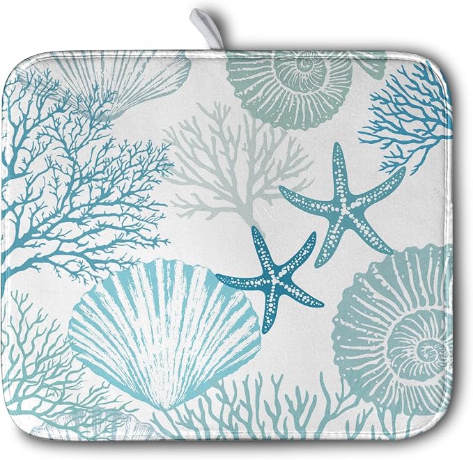 Summer Blue Dish Drying Mat for Kitchen Counter Nautical Coastal Teal Dishes by Kwlegh