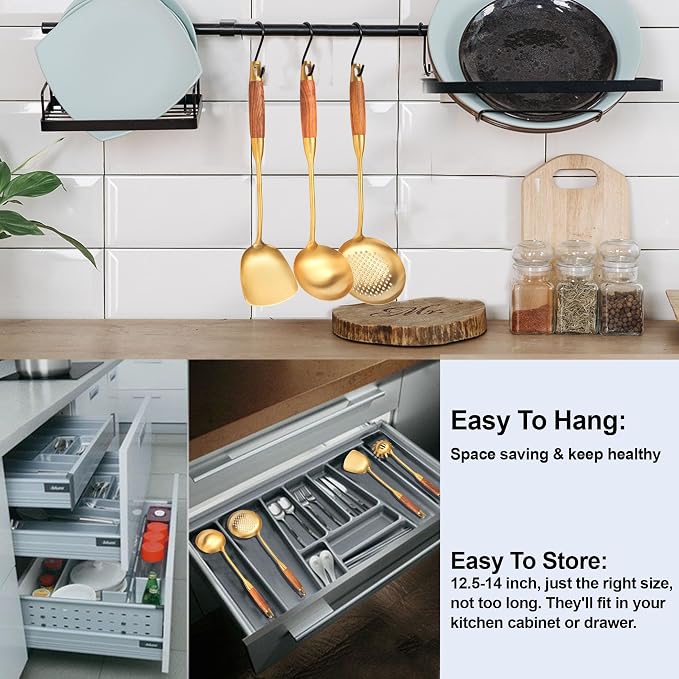 Gold Kitchen Utensils Set, Solid and Slotted Spoon, Slotted Tunner, Spaghetti - Image 5