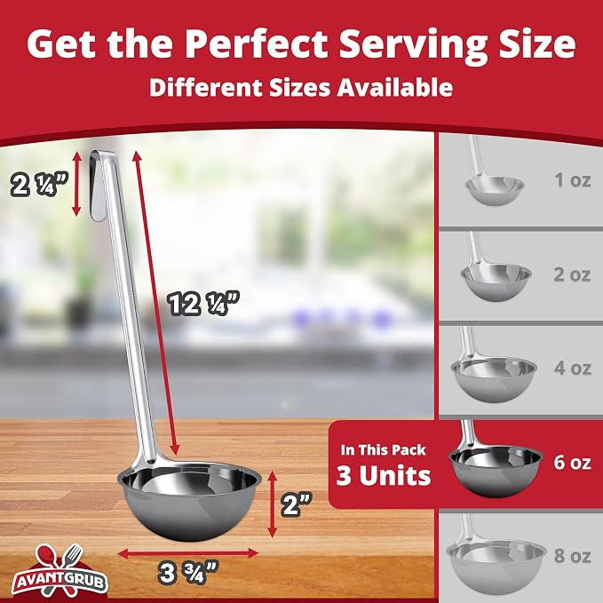 Super Sturdy, Ergonomic 6 Oz. Soup Ladle 3 Pk. Stainless Steel Ladles - Image 2
