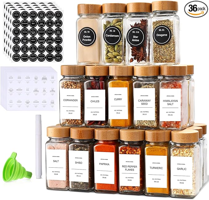 DIMBRAH Spice Jars with Label-4oz 36Pcs, Glass Spice Jars with Bamboo Lids by DIMBRAH%EF%BC%8CKitchenDining