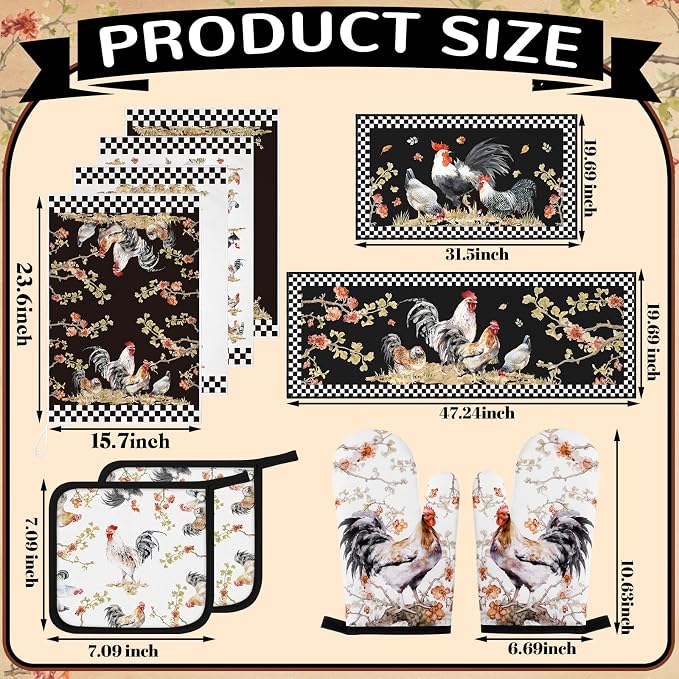 Fourluoo 10 Pcs Rooster Kitchen Dish Towels Rugs Oven Mitts and Pot Holders Set - Image 3