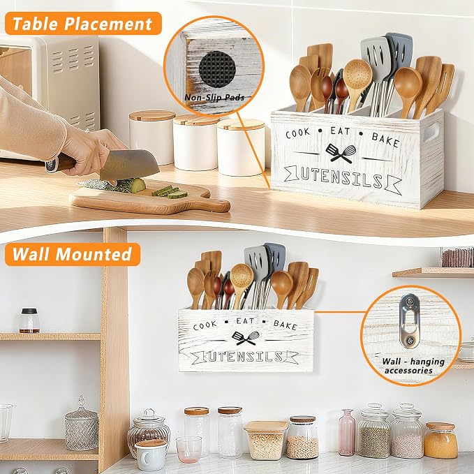 Extra Large and Durable Retro White Wooden Kitchen Utensil Holder - Image 3