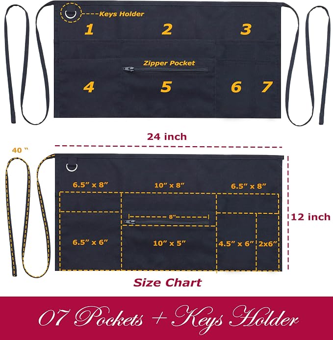 7 Pockets Server Aprons with Zipper Pocket - Image 2