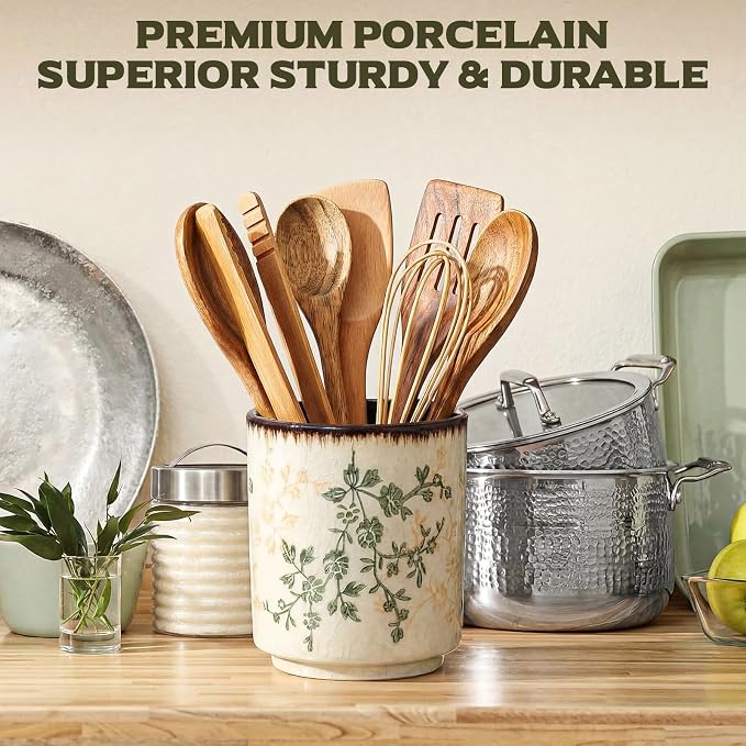 Kitchen Ceramic Utensil Holder Rustic 5.5" Green Floral Utensil Crock - Image 5