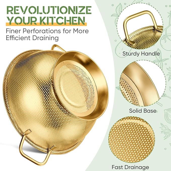 Bokon 3 Pcs Stainless Steel Colander Set Colander Bowl and Sieves 1/3/5 Quart - Image 3