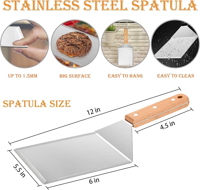 Wooden Metal Spatulas 2Pcs, HaSteeL Professional Large Griddle Spatula Tools Set - Image 2