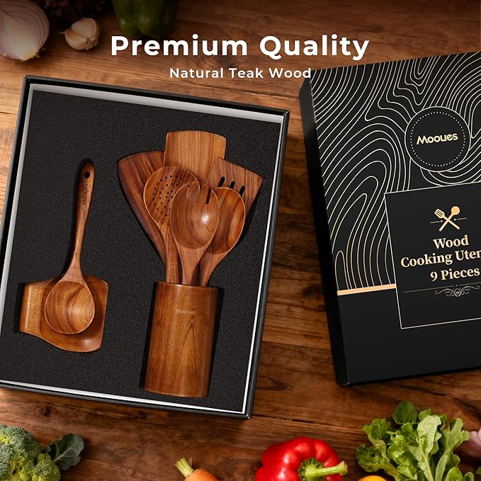 Mooues Wooden Spoons for Cooking, Wooden Utensils for Cooking Natural Teak - Image 3