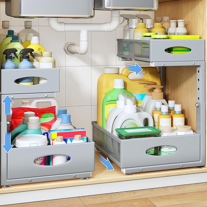 Under Sink Organizer, 2 Pack 2 Tier Pull Out Under Cabinet Organizer Shelf by PXRACK