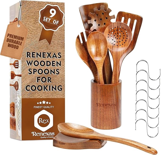 9-Piece Teak Wooden Kitchen Utensil Set – Nonstick Safe Cooking Spoons & by Renexas