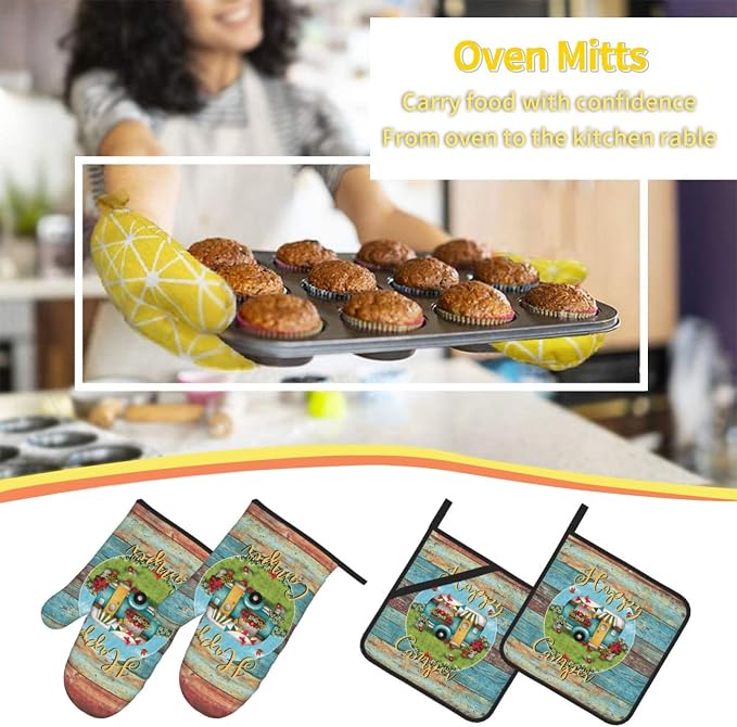 Happy Camper Oven Mitts and Pot Holders Sets of 4, Resistant Hot Pads - Image 6