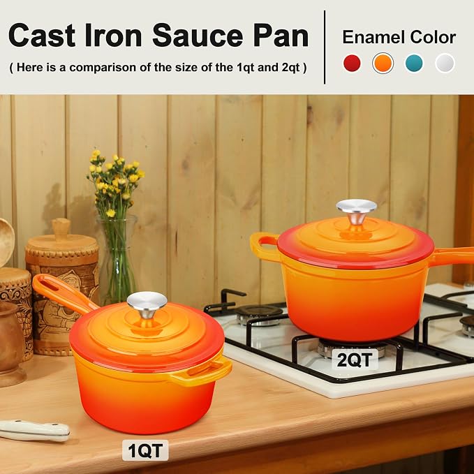 Enameled Cast Iron Sauce Pan, Leonyo 1 Qt & 2 Qt Saucepan Set, Cast Iron Dutch - Image 6