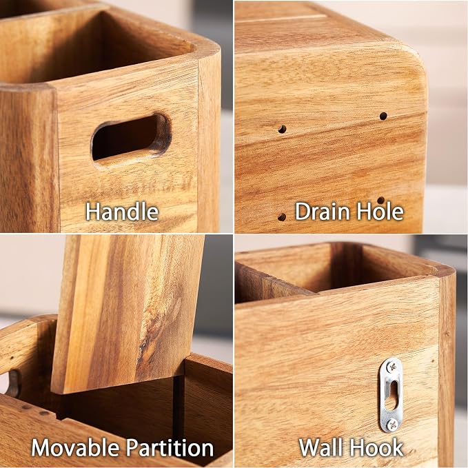 16" Wooden Kitchen Utensil Holder, Extra Large Acacia Wood Organizer - Image 5