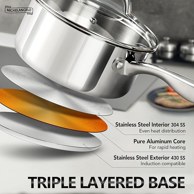 MICHELANGELO Saucepan Set 4pc, 18/10 Stainless Steel Sauce Pan - Image 3