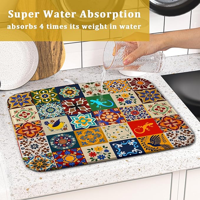 Giwawa Mexican Tile Dish Drying Mat 16"x18" Talavera Boho Floral Print Dish - Image 6
