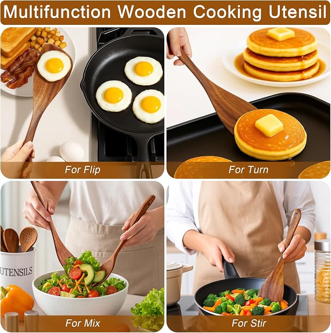 Jilla-hla Wooden Spatula Nonstick Turner Acacia Wood, Left Long Handle Flat - Image 2