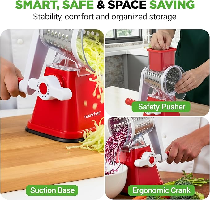 Nutrichef 3 in 1 Cheese Grater & Shredder | Strong Suction Base, Rotary Handle - Image 7