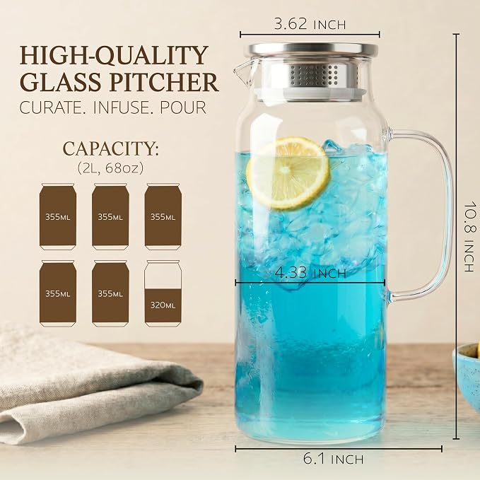 Glass Pitcher with Lid and Handle, 68oz 2 Liter Borosilicate Glass Water Pitcher - Image 2