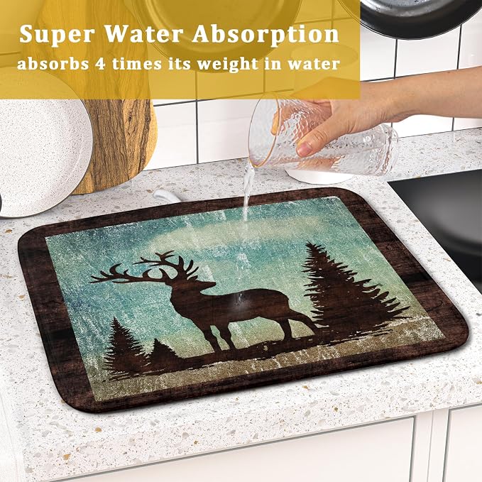 Giwawa Retro Deer Forest Cabin Silhouette Dish Drying Mat Countertop 16x18 Fall - Image 7
