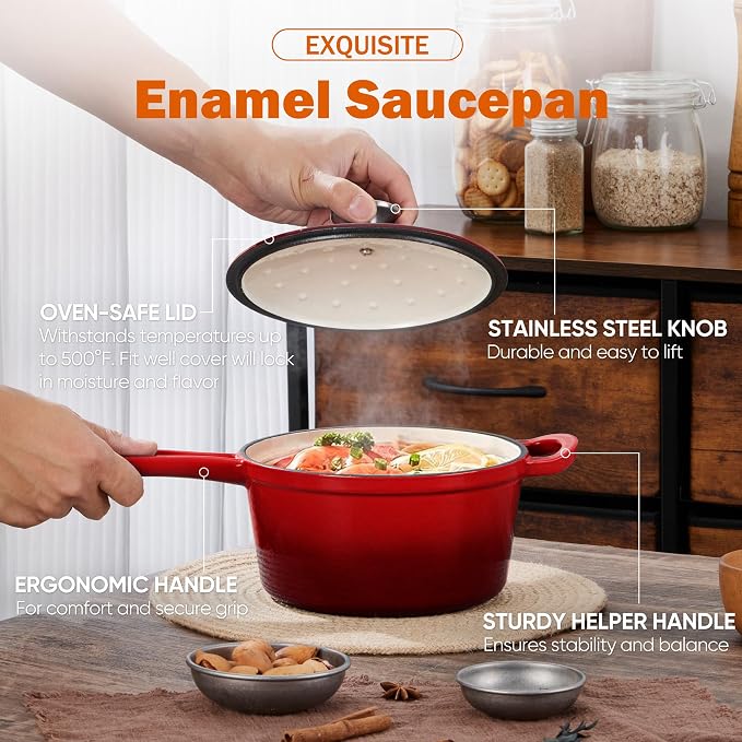Homikit Small Sauce Pan with Lid, 2QT Enameled Cast Iron Saucepan, Enamel Cast - Image 5