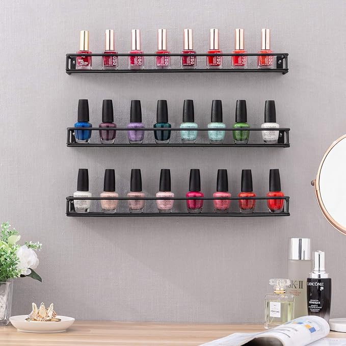 MyGift Set of 3 Wall-Mounted Black Metal Nail Polish and Essential Oils Display - Image 2