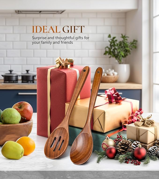 2Pcs Wooden Spoons for Cooking, Natural Premium Teak Wooden Spoon & Slotted - Image 7
