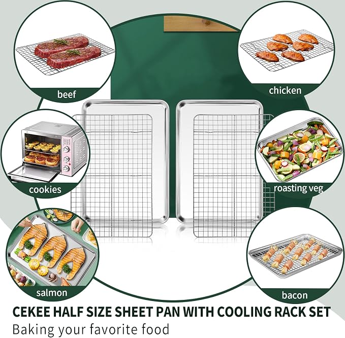 Half Sheet Pans with Rack Set, CEKEE Stainless Half Size Large Baking Sheets - Image 5