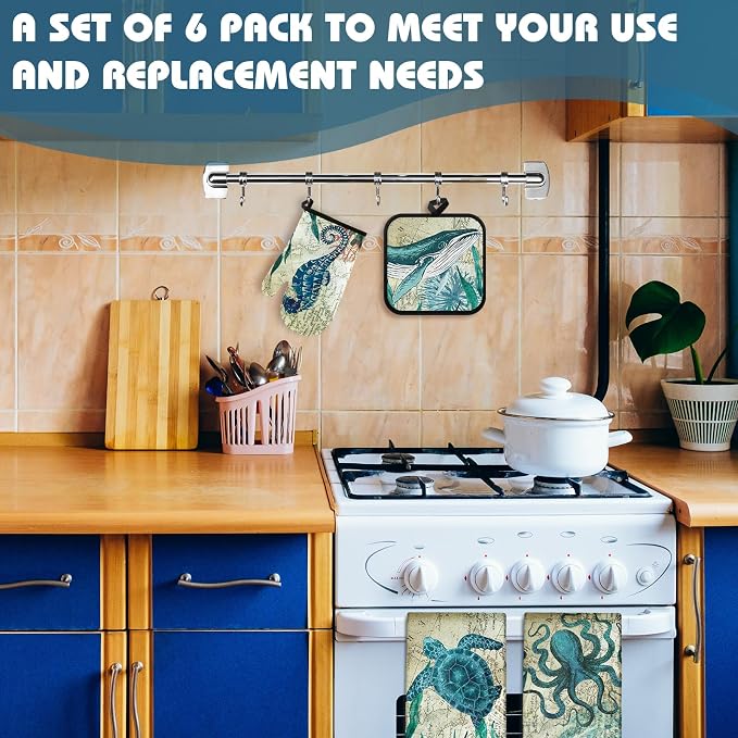 6 Pcs Sea Ocean Beach Kitchen Towels Pot Holders and Oven Mitts Set Coastal - Image 6