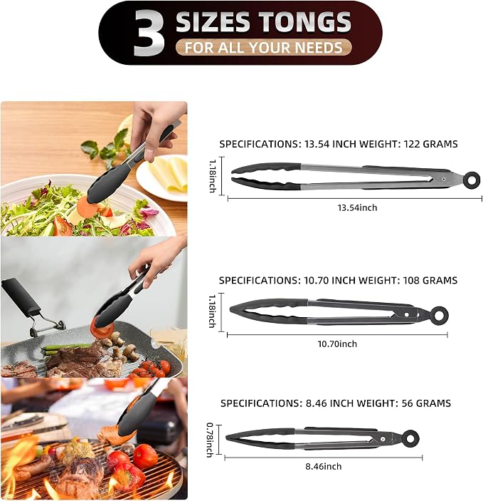 Pack of 3 Stainless Steel Kitchen Tongs - Image 2