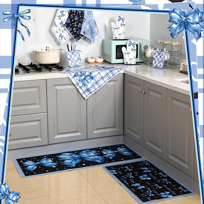 Fourluoo 10 Pcs Blue Bow Kitchen Decor Set Dish Towels Kitchen Rugs Oven Mitts - Image 4