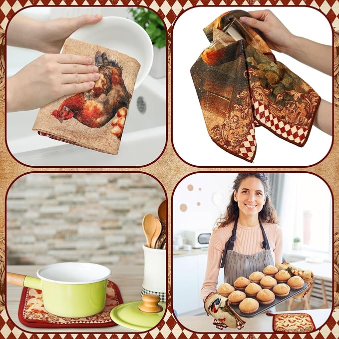 Leinuosen 6 Farm Rooster Farmhouse Kitchen Decor Dish Towels Oven Mitts and Pot - Image 6