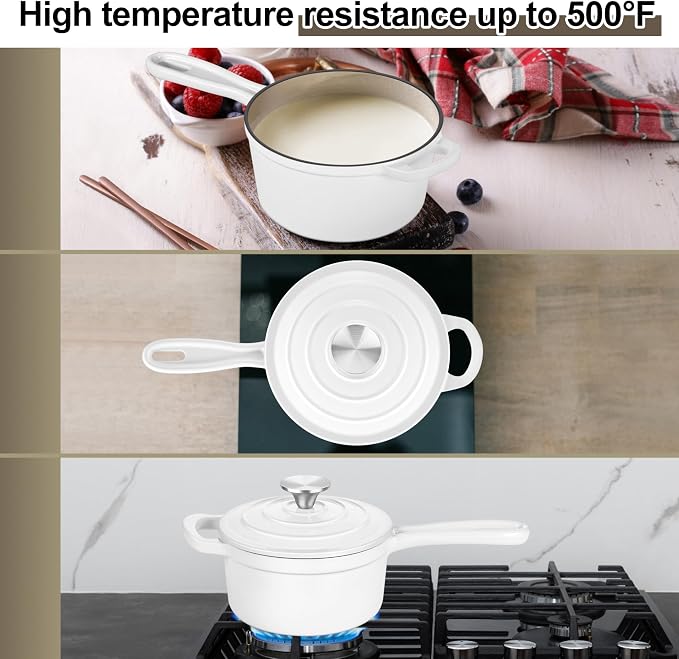 1 Qt & 2 Qt Pots and Pans Set, Leonyo Enameled Cast Iron Saucepan - Image 4