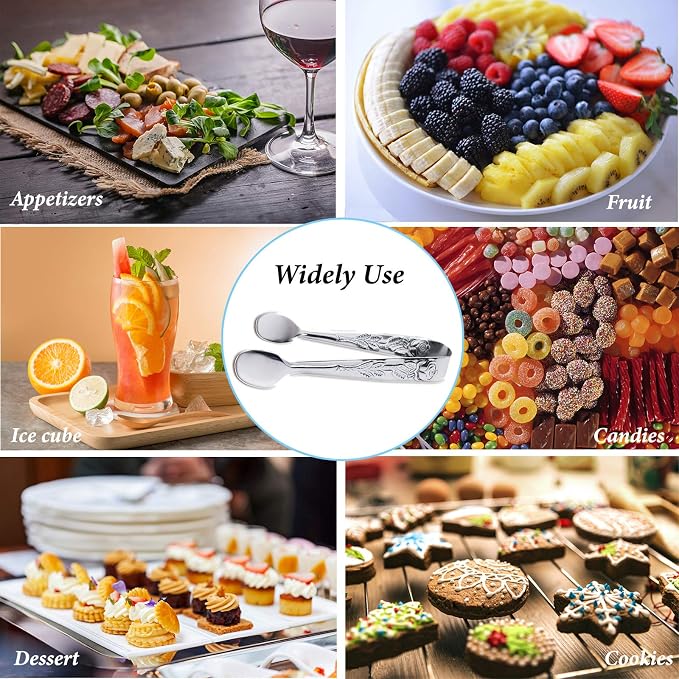 3PCS Mini Serving Tongs, 4Inch Rose Stainless Steel Sugar Cube Tongs, Sliver - Image 4