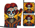 Flower Skull Oven Mitts with Matching Potholders by Unknown