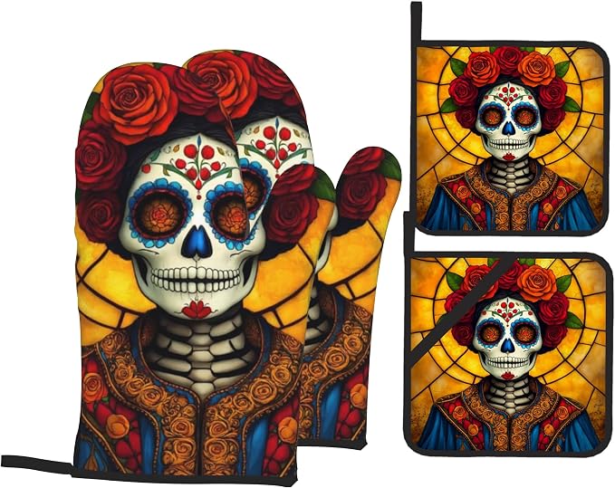 Flower Skull Oven Mitts with Matching Potholders by Unknown
