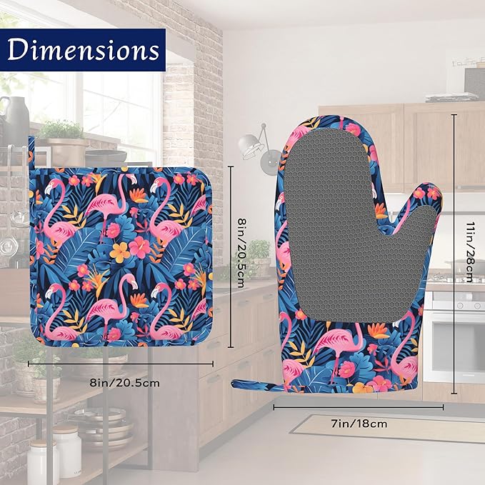 Oven Mitts and Pot Holders Sets Flamingo Tropical Flower Silicone Kitchen Mits - Image 2