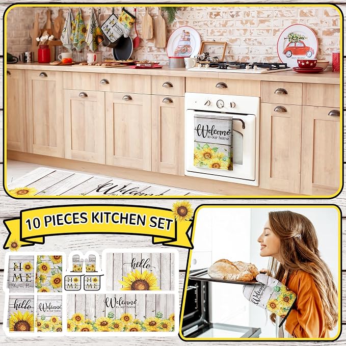 Fourluoo 10 Pcs Farmhouse Sunflower Kitchen Decor Set Sunflower Kitchen Towels - Image 2
