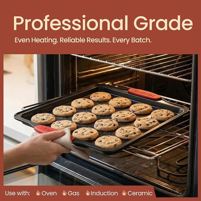 Baking Pan Set – 3 Piece Cookie Sheet – Deluxe Black Non-Stick Carbon Steel – - Image 3