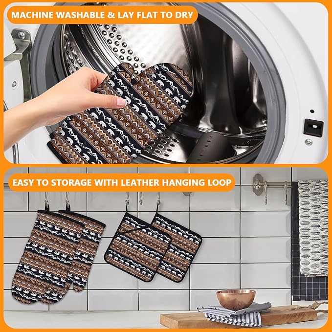 Vintage Rustic Bear Oven Mitts and Pot Holders Sets 4Pcs, Extra Long Oven - Image 5